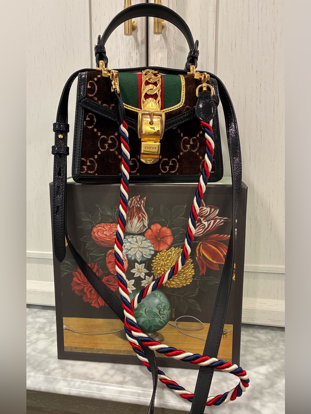 Gucci GG Velvet Mini Sylvie Top Handle/Shoulder Bag